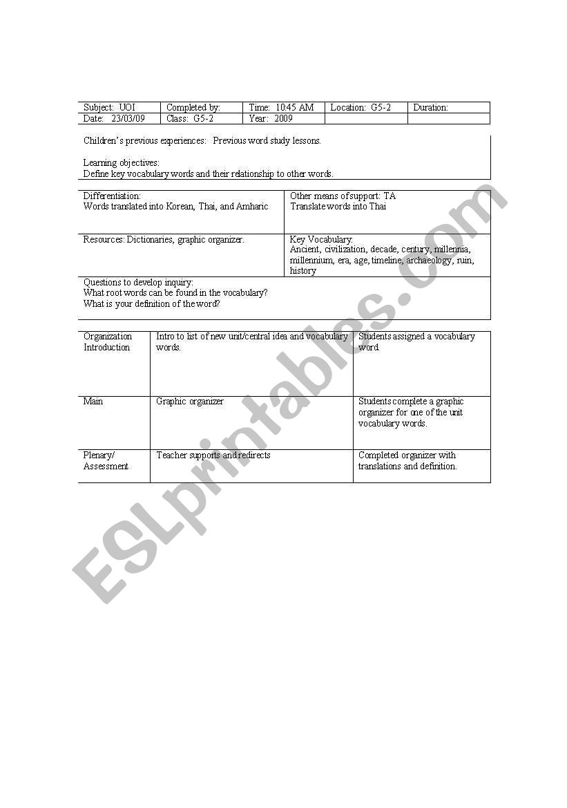 Vocabulary Lesson Plan worksheet