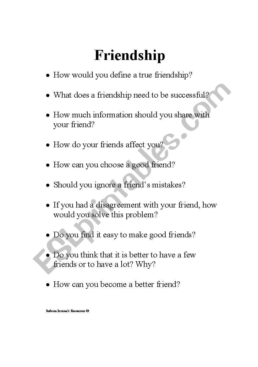 Questions about friendship worksheet