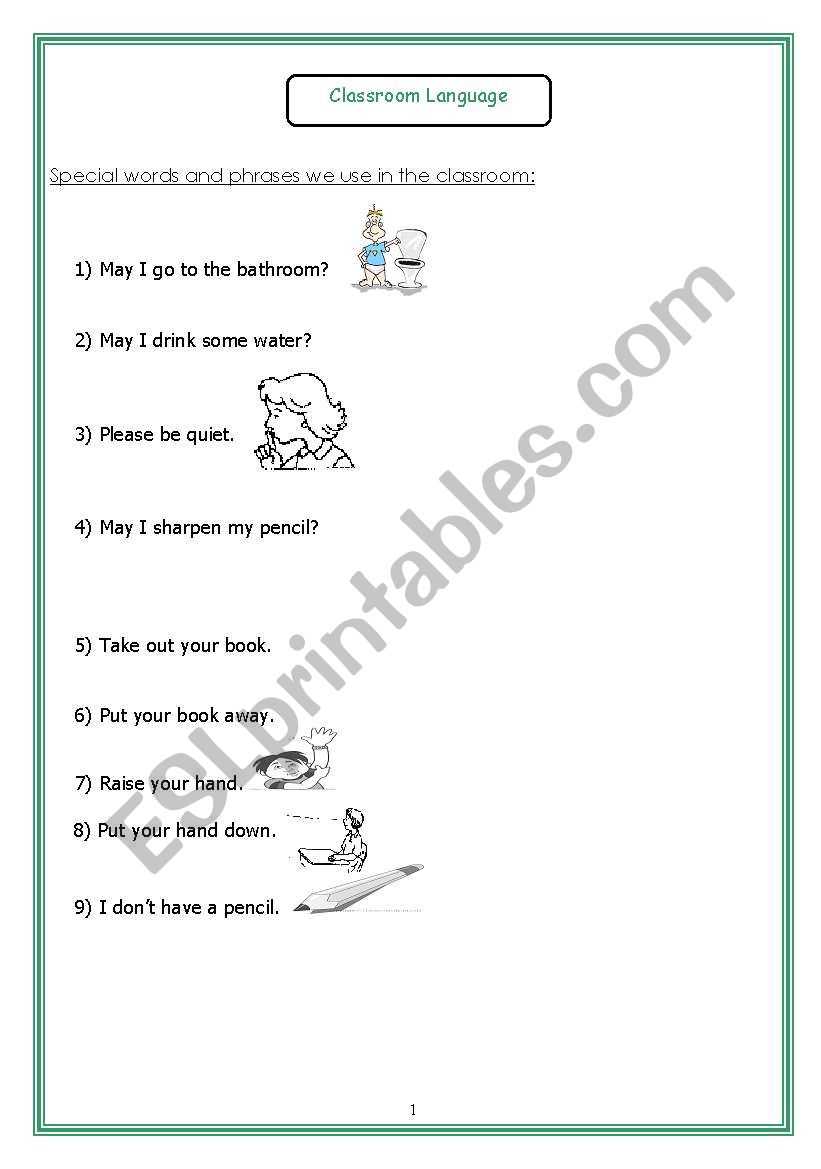 classroom language  worksheet