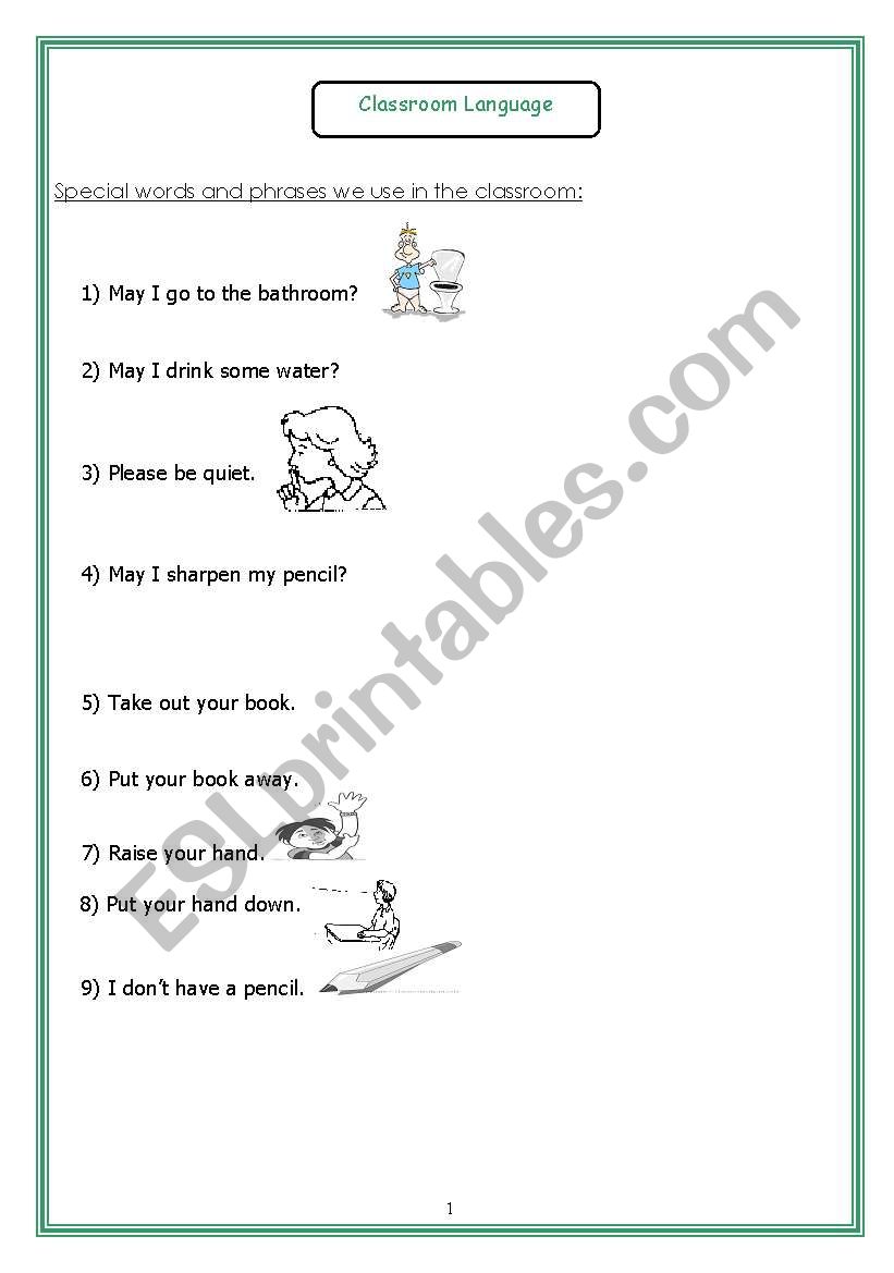 classroom language  worksheet