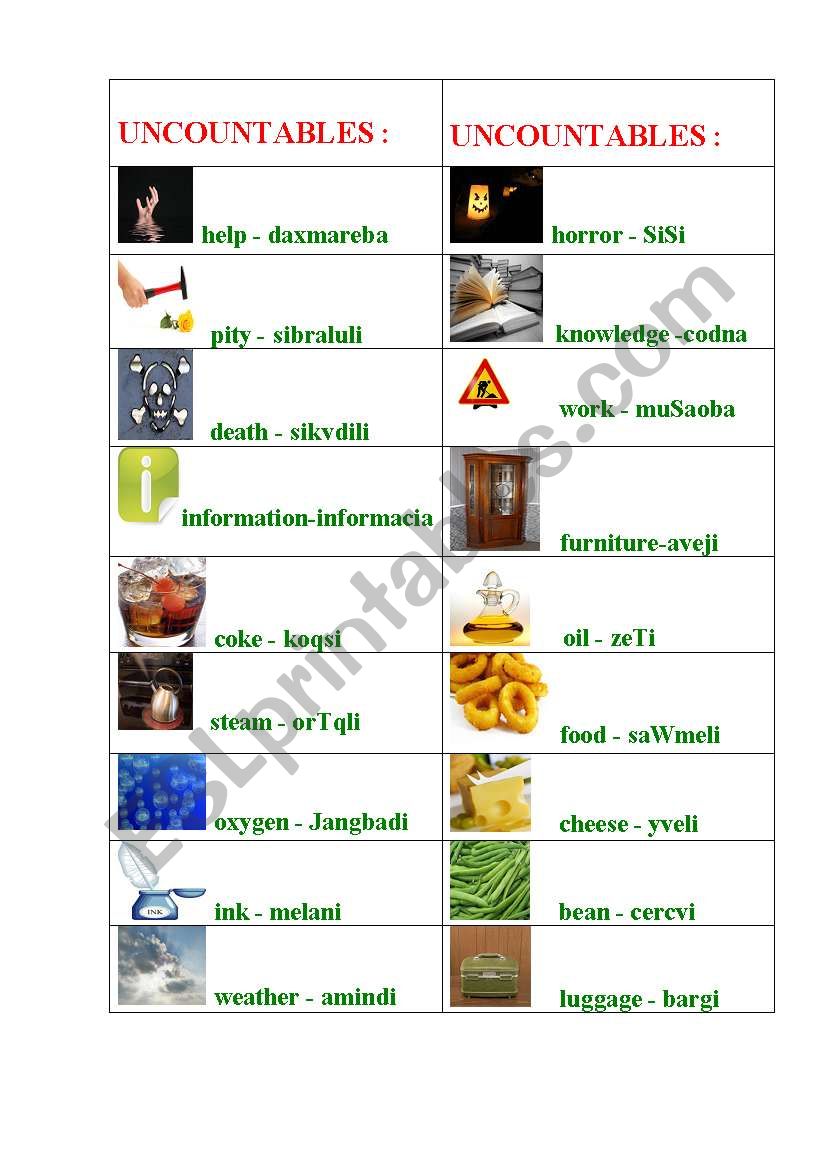 uncountable nouns list worksheet