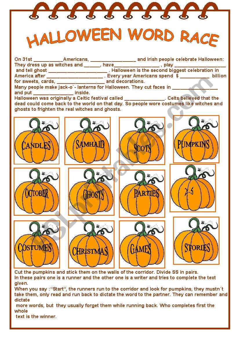 Halloween word race worksheet