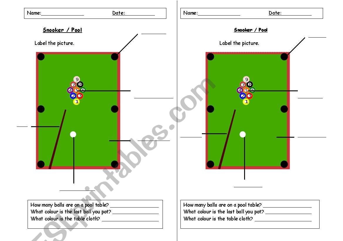 Snooker/Pool Vocabulary worksheet