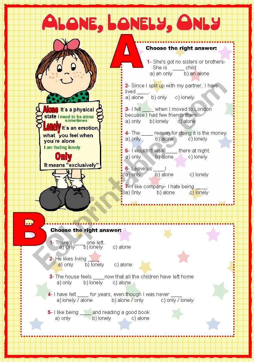 Alone, lonely, only worksheet