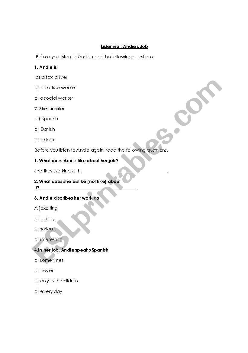 listening about andie´s job worksheet