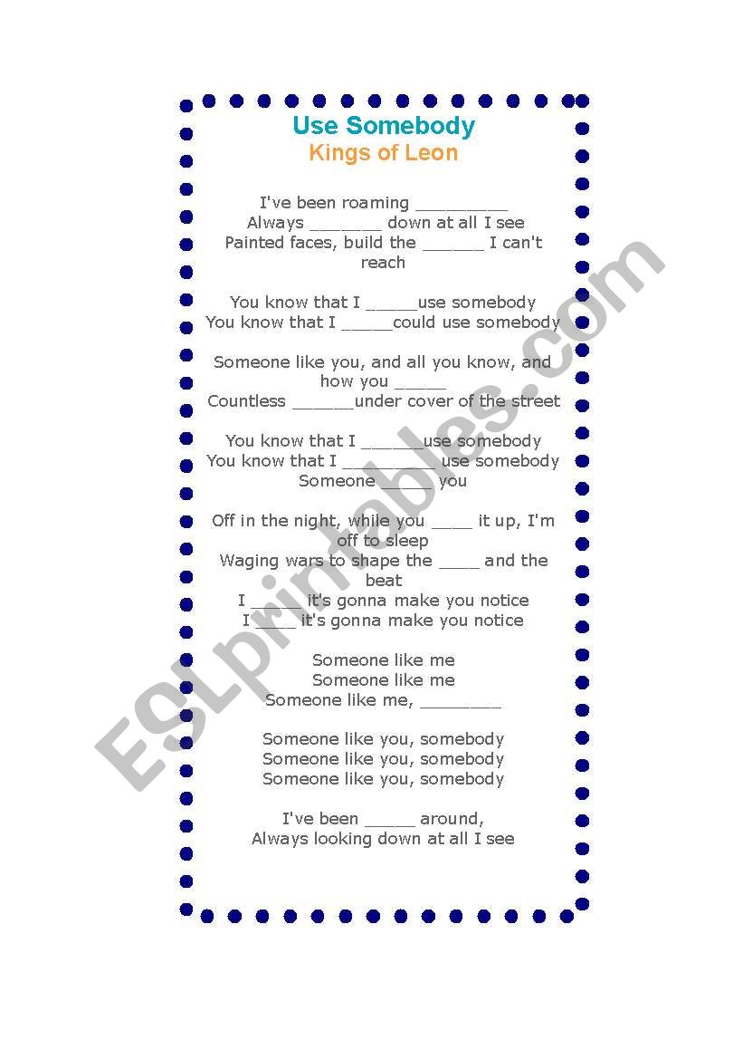use somebody - kings of leon worksheet