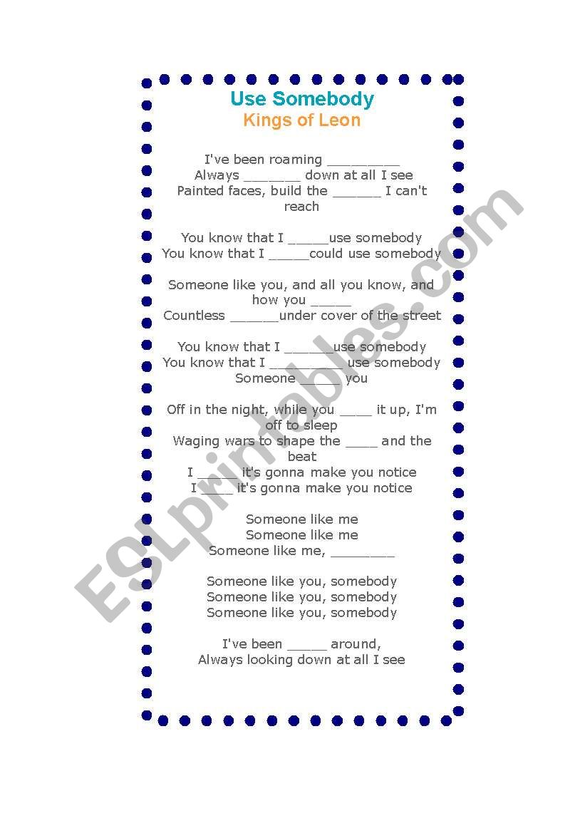 use somebody - kings of leon worksheet