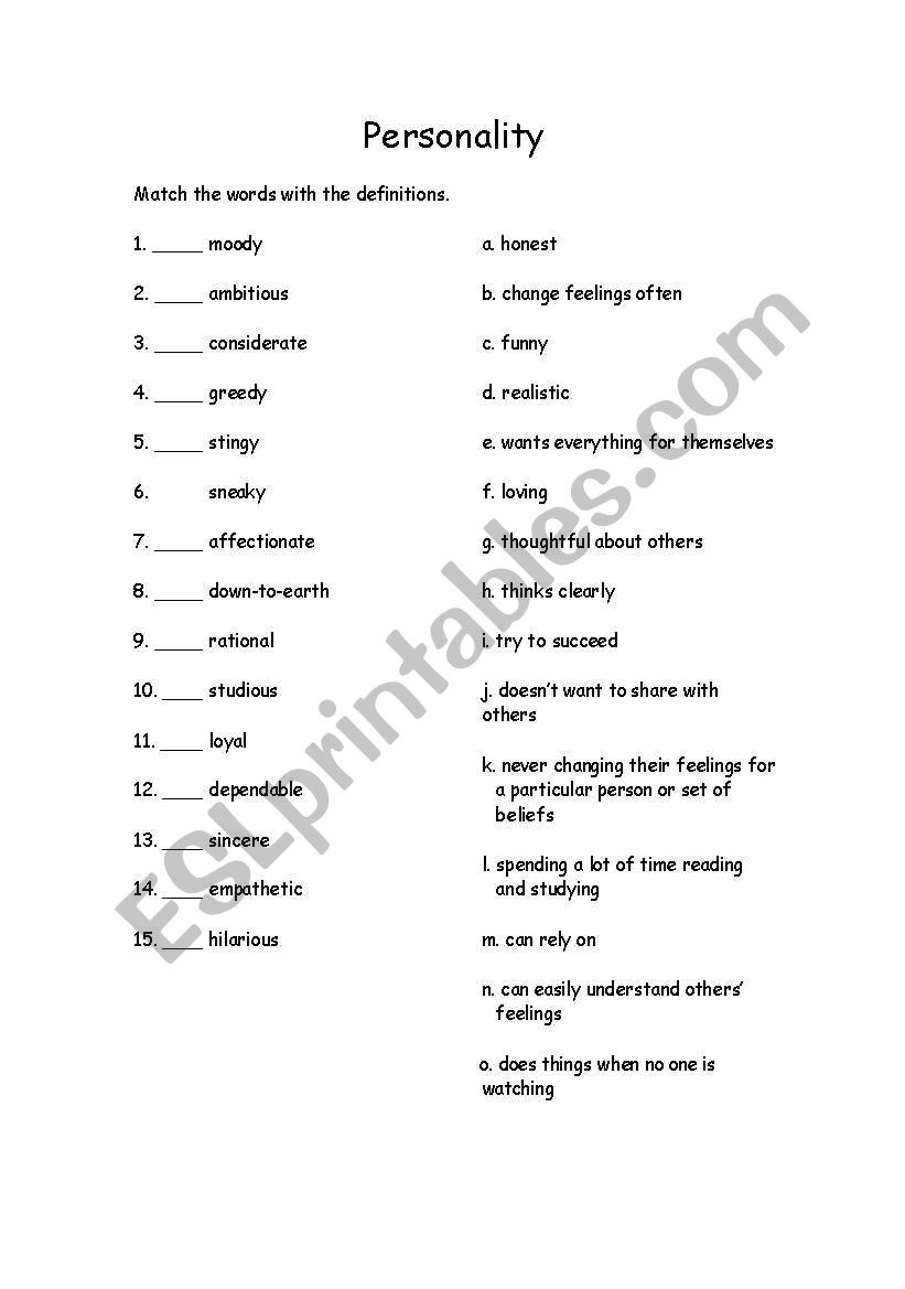 Personality worksheet