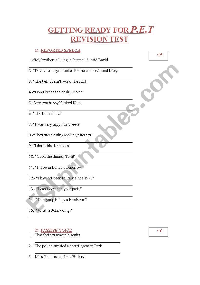 PET- grammar revision test worksheet