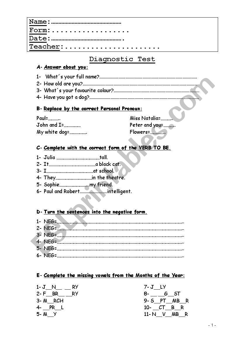 Diagnostic Test worksheet