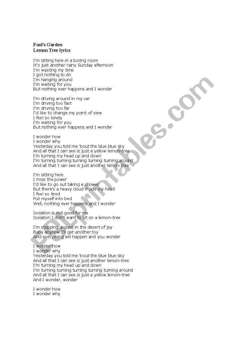 Lemon Tree Lyrics workshop worksheet