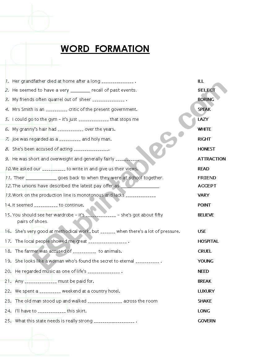 !!! WORD  FORMATION !!! 25 SENTENCES + KEY