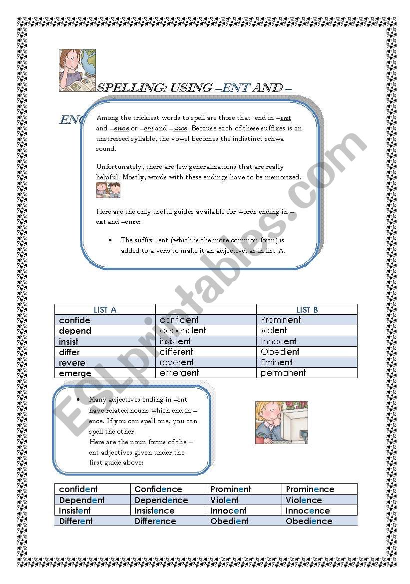 SUFFIXES SPELLING -ENT & ENCE worksheet