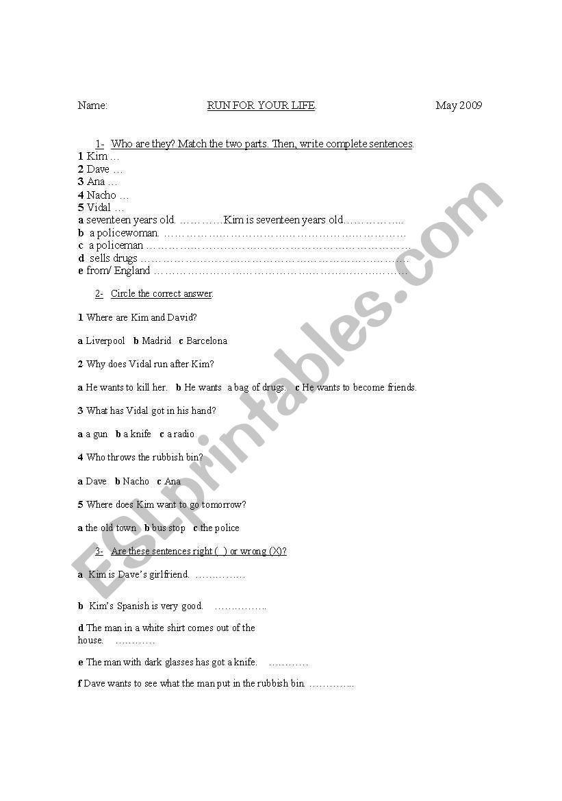 Run for your life worksheet