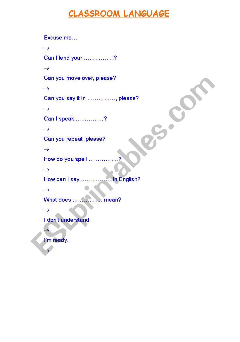 Classroom Language worksheet