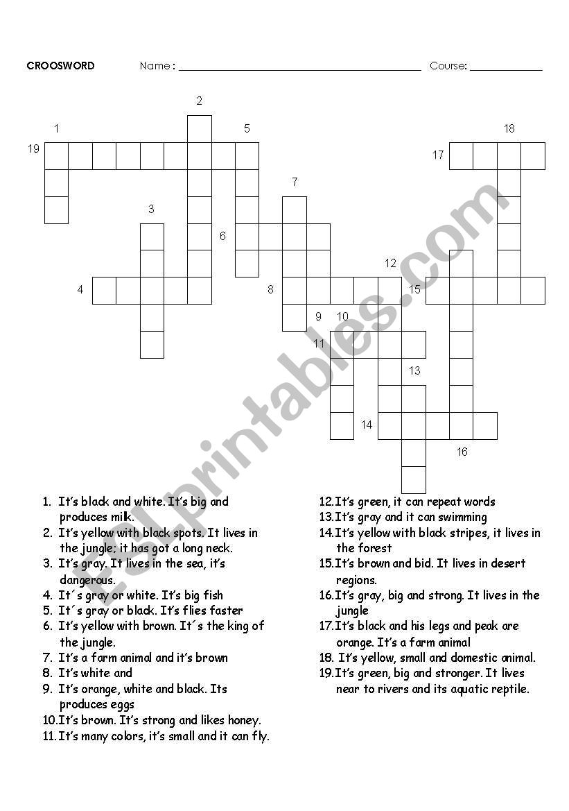 Animals croosword worksheet