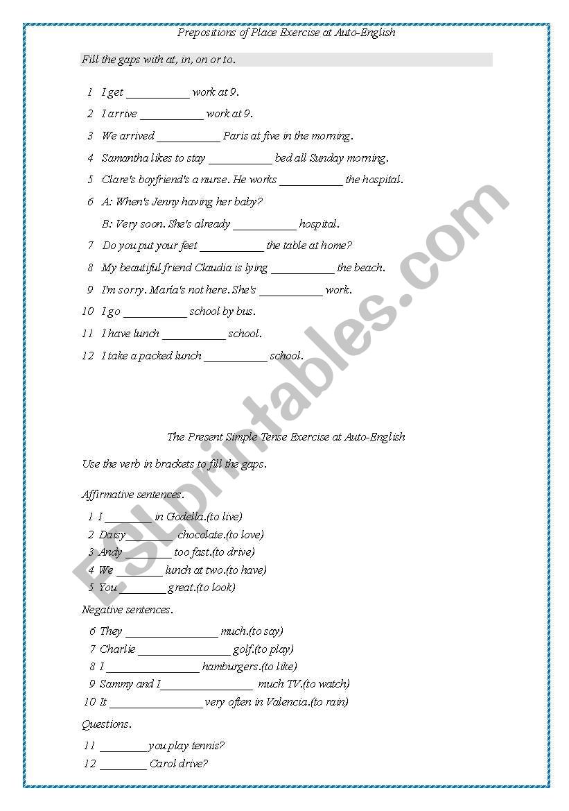 Prepositions of place worksheet