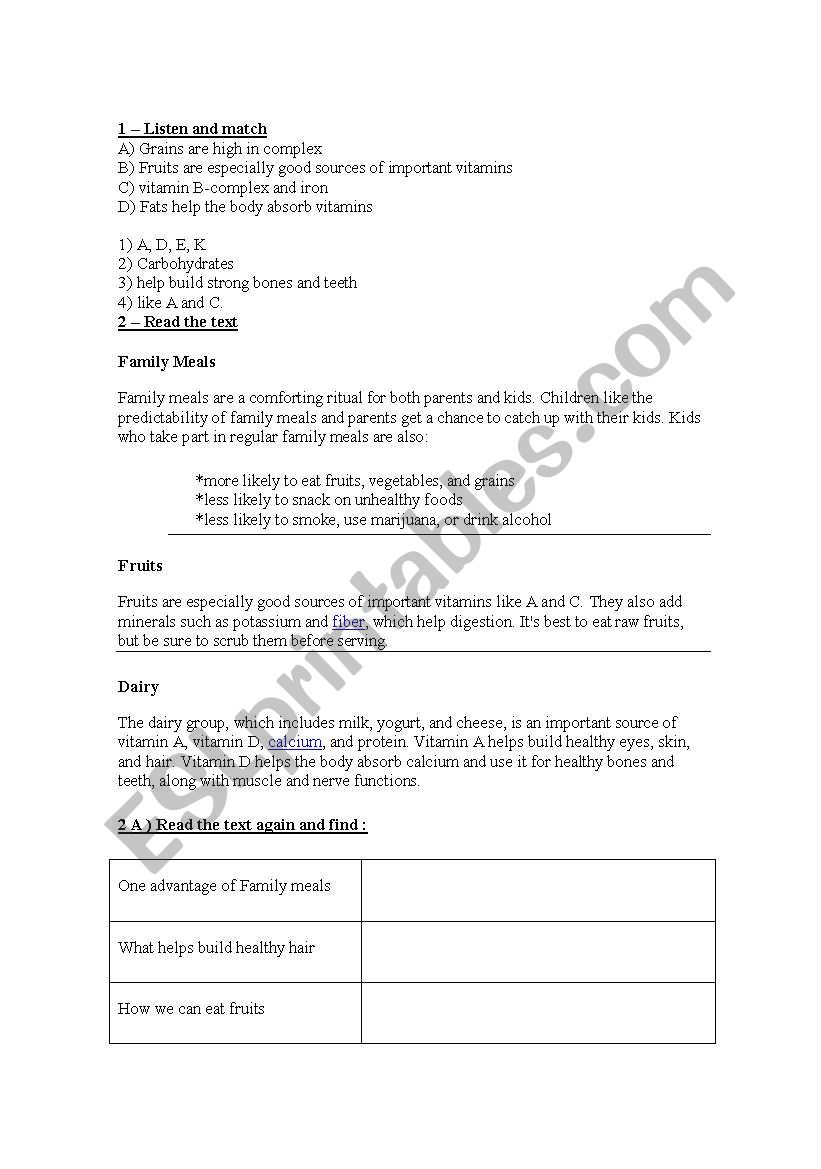 test about food worksheet