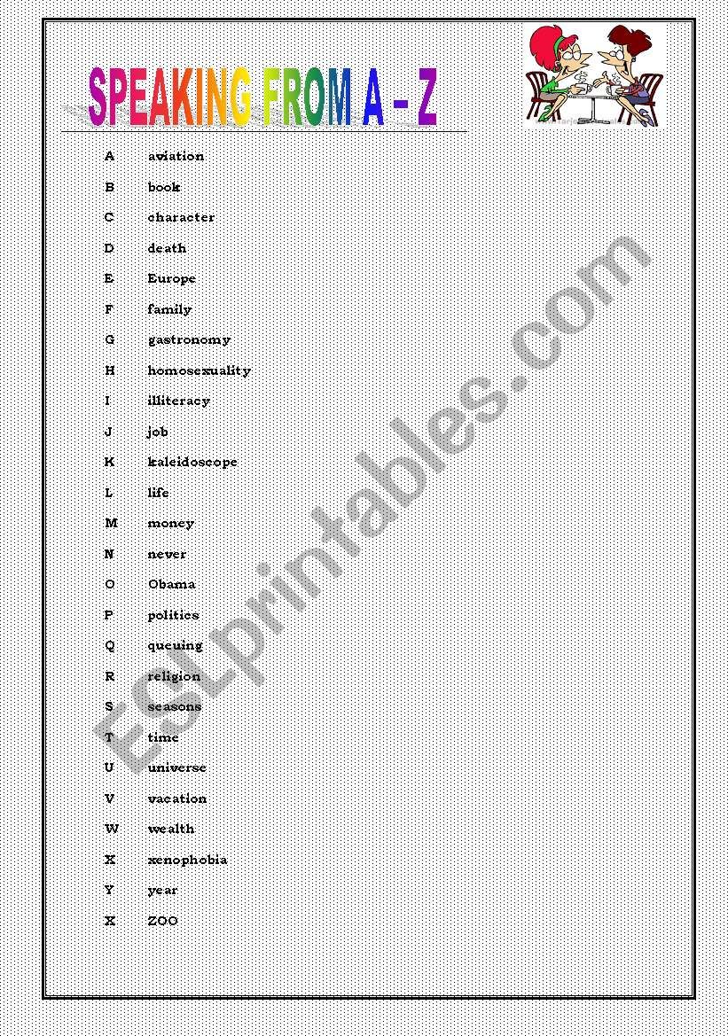 Speaking from A to Z worksheet
