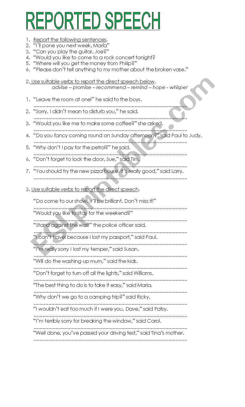 Reported Speech worksheet