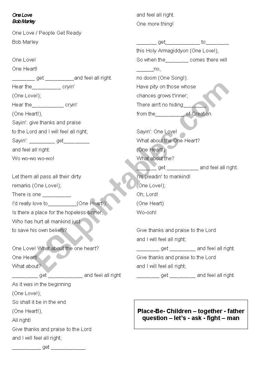 One love - Bob Marley worksheet