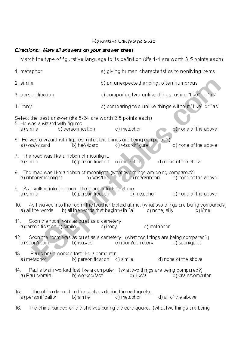 Figurative Language Exam worksheet