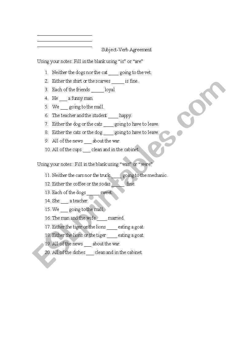 Subject Verb Agreement Worksheet