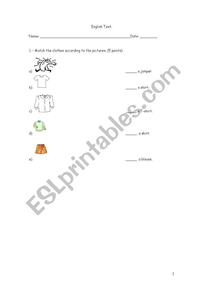 clothes test worksheet