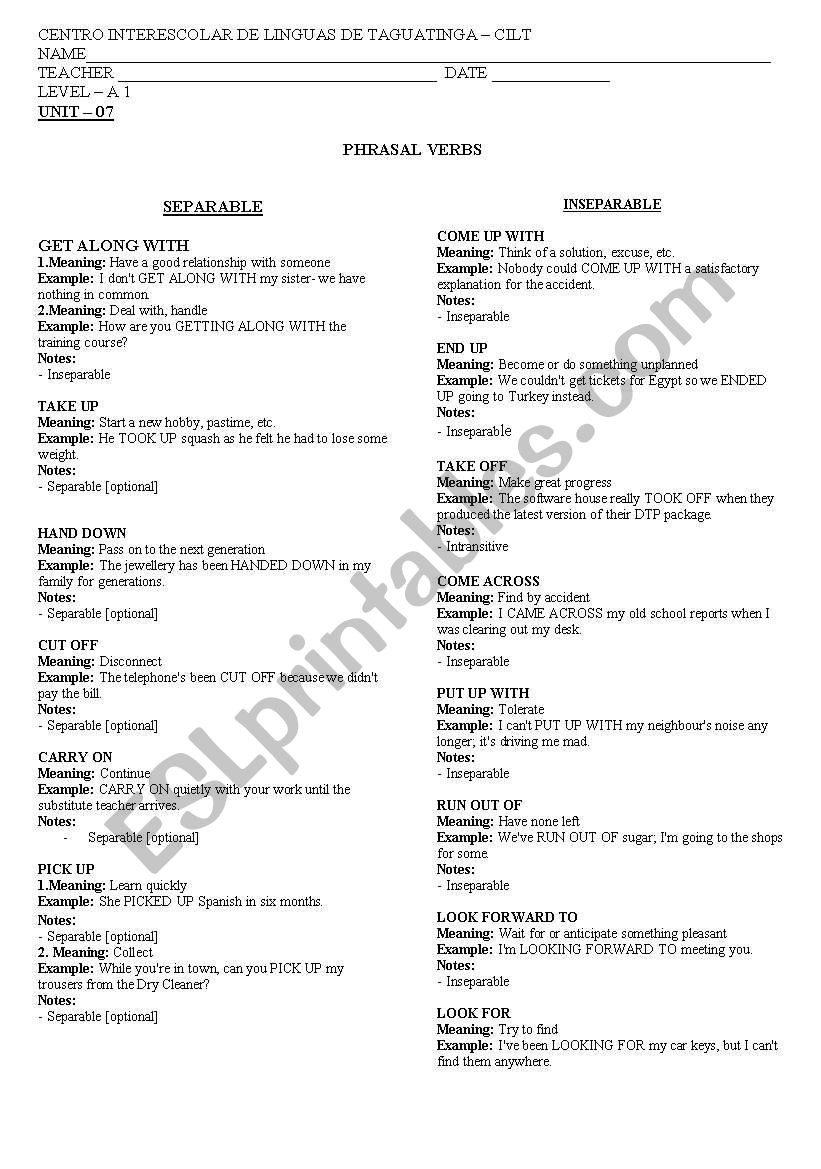 PHRASAL VERBS Separable and inseparable