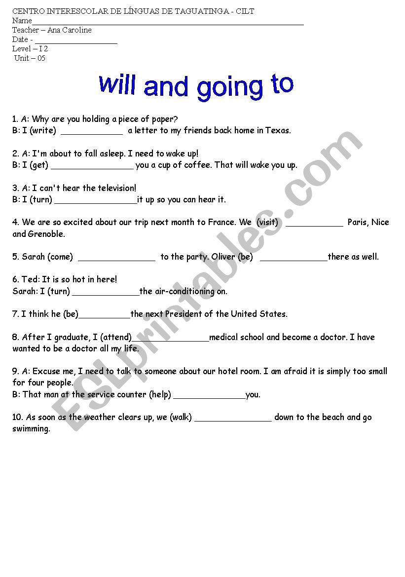 will and going to worksheet