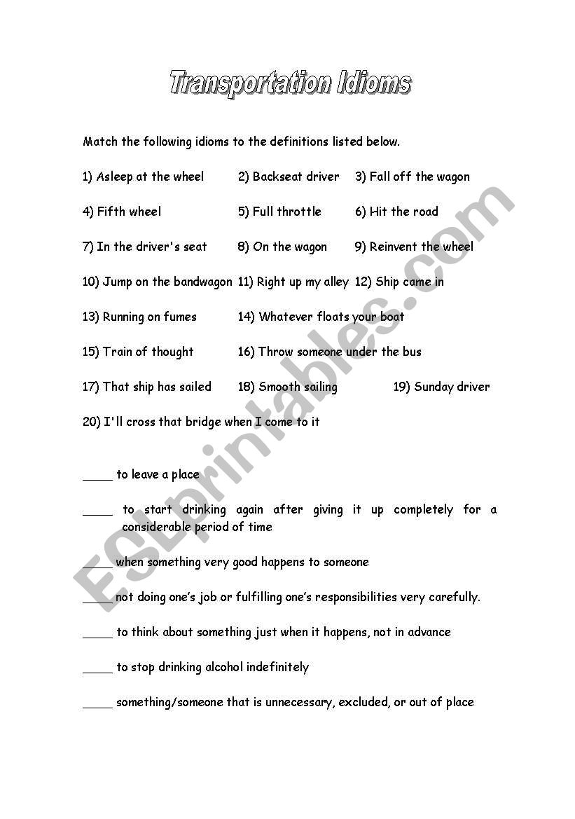 Transportation Idioms worksheet