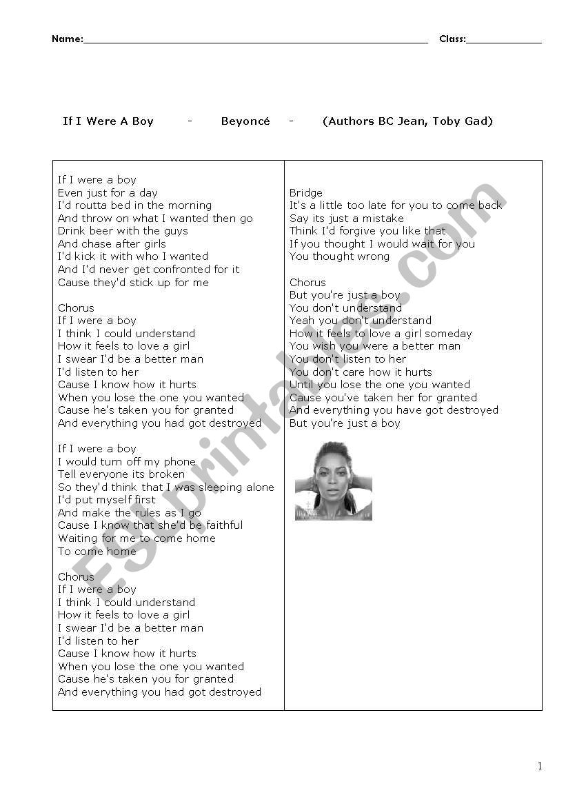 If I Were a Boy (Song Lyrics, Vocabulary Study and Comprehension)