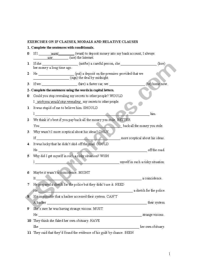 Exercises on Conditionals, Relative Clauses and Modals 