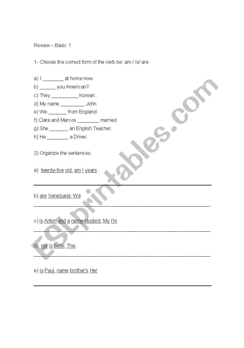 To be - review worksheet