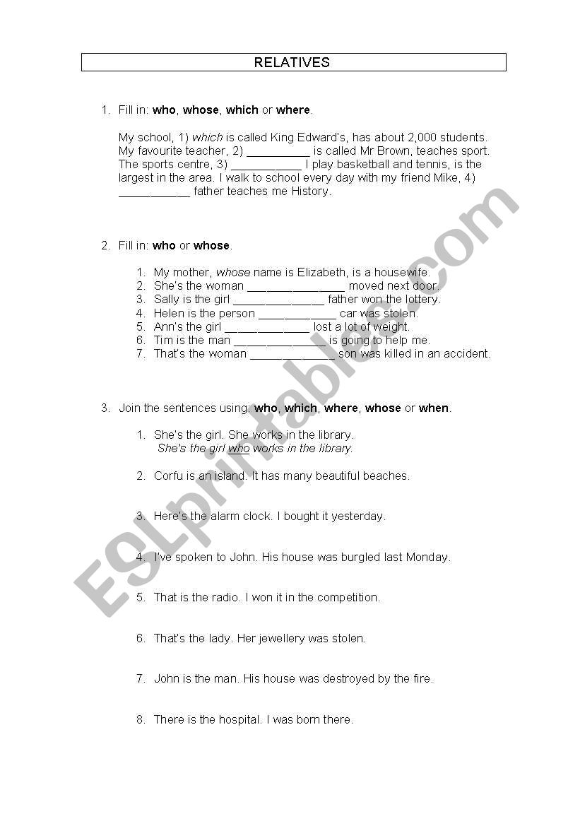 Relative pronouns and adverbs worksheet