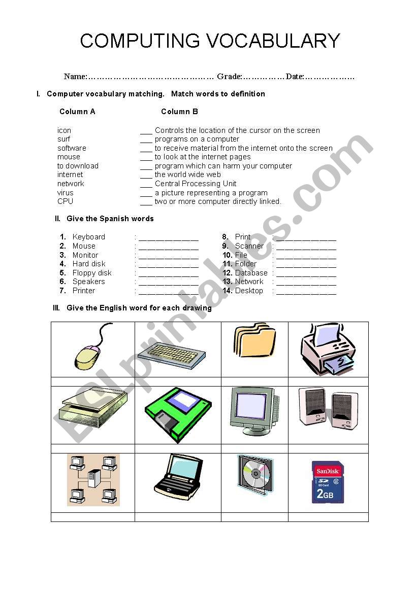 Computing vocabulary worksheet