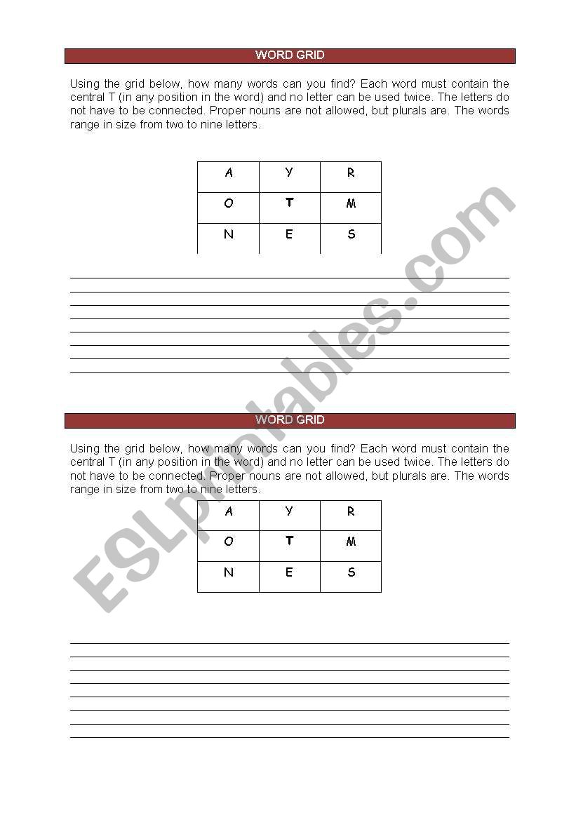 Word grid worksheet