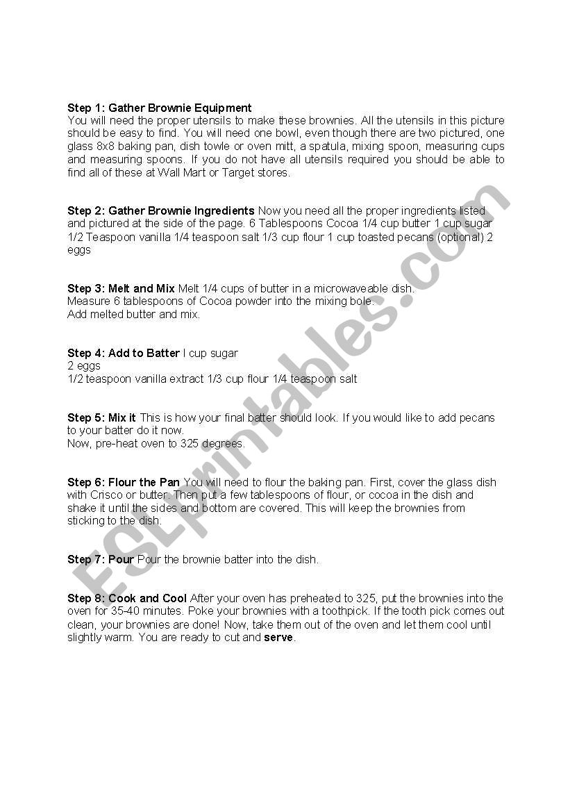 brownie cooking class worksheet