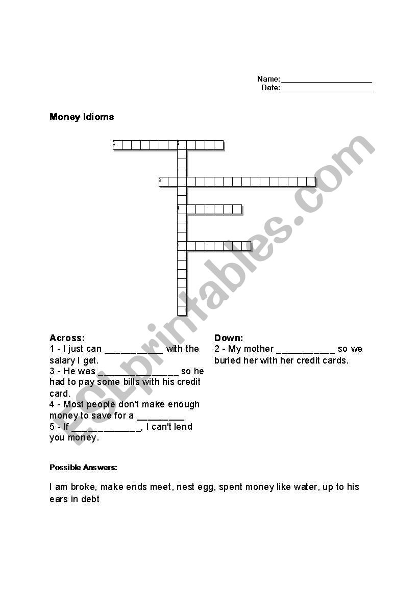 Money idioms Crossword puzzel worksheet