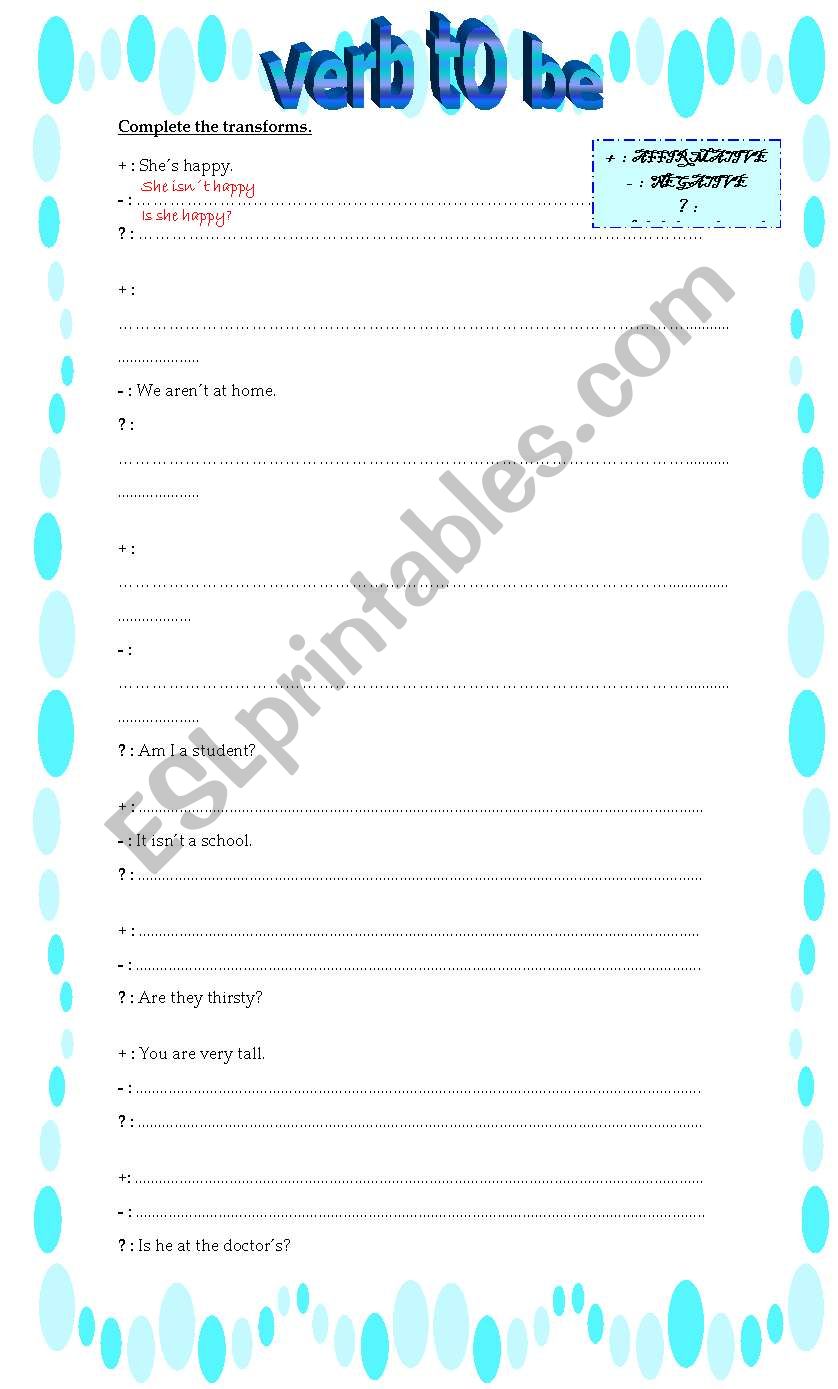 Verb to be (transforms) worksheet