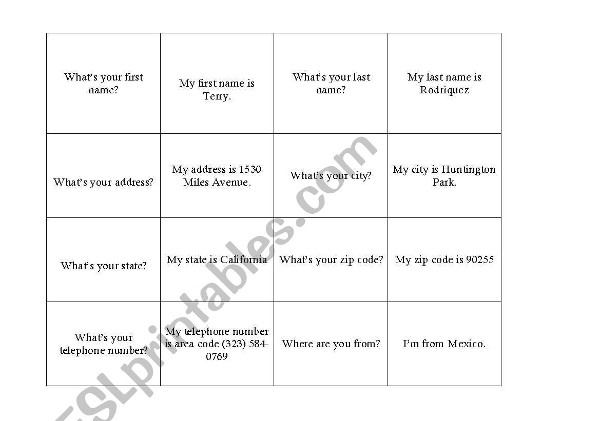 Personal Information card worksheet