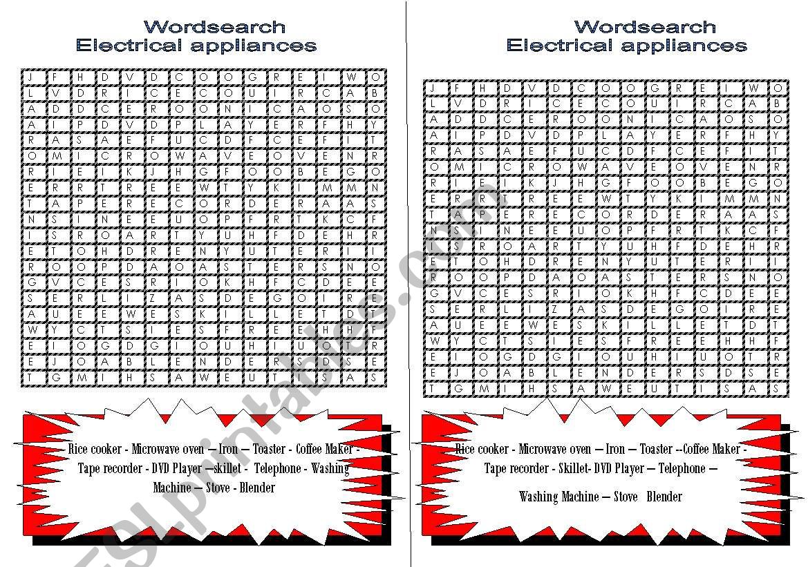 ELECTRICAL APPLIANCES- WORDSEARCH