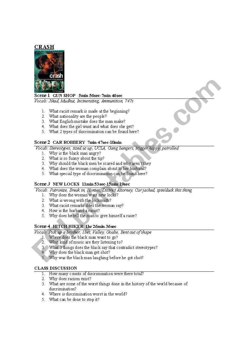 crash movie worksheet worksheet