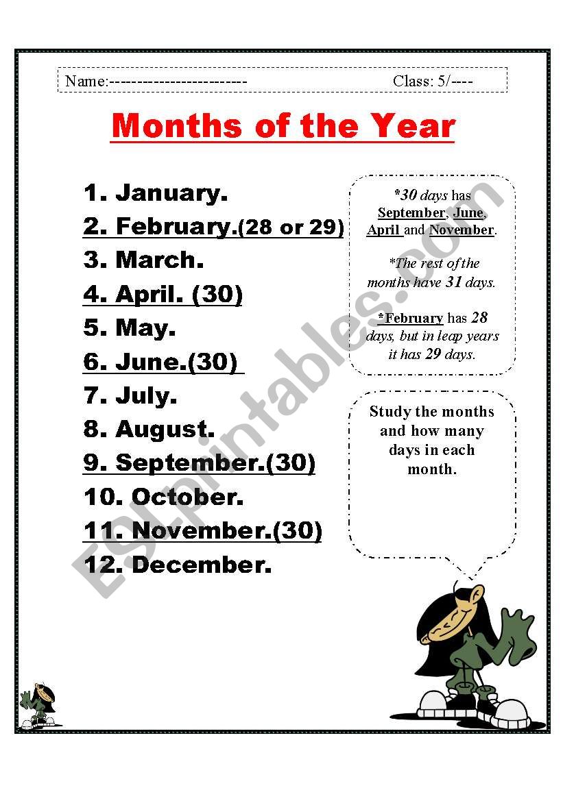 months of the year worksheet