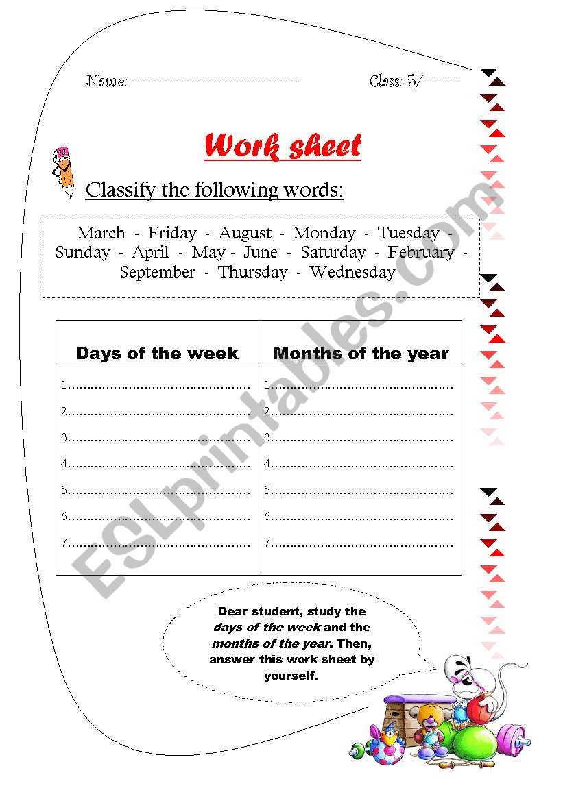 months and days worksheet