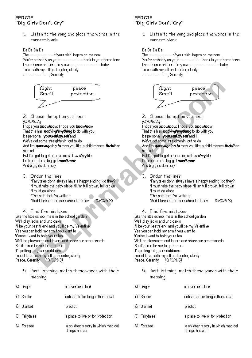 Big girls dont cry by Fergie worksheet