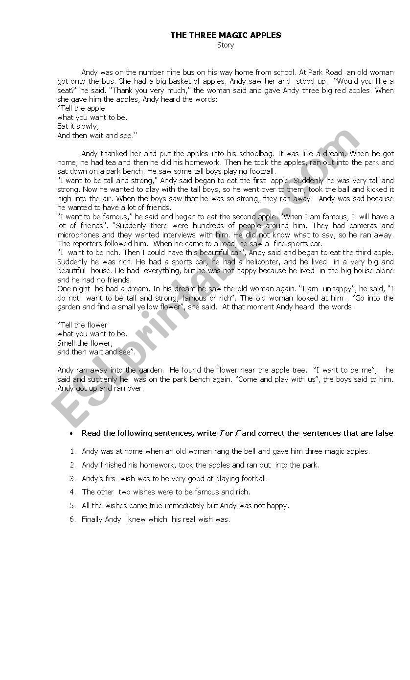 THREE MAGIC APPLES (story) worksheet