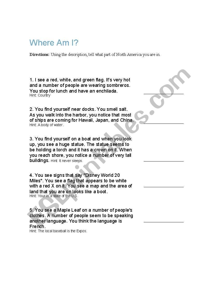 Where Am I? worksheet