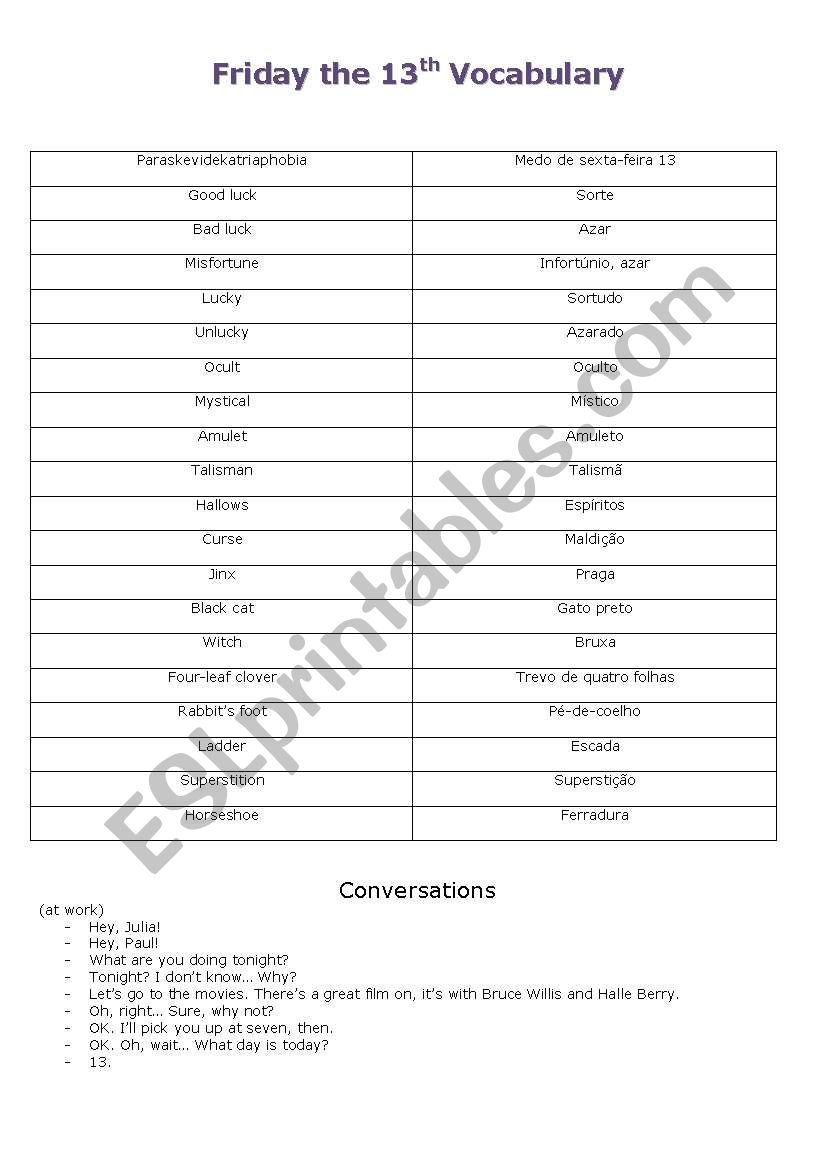 Friday 13th Vocabulary and Dialogues