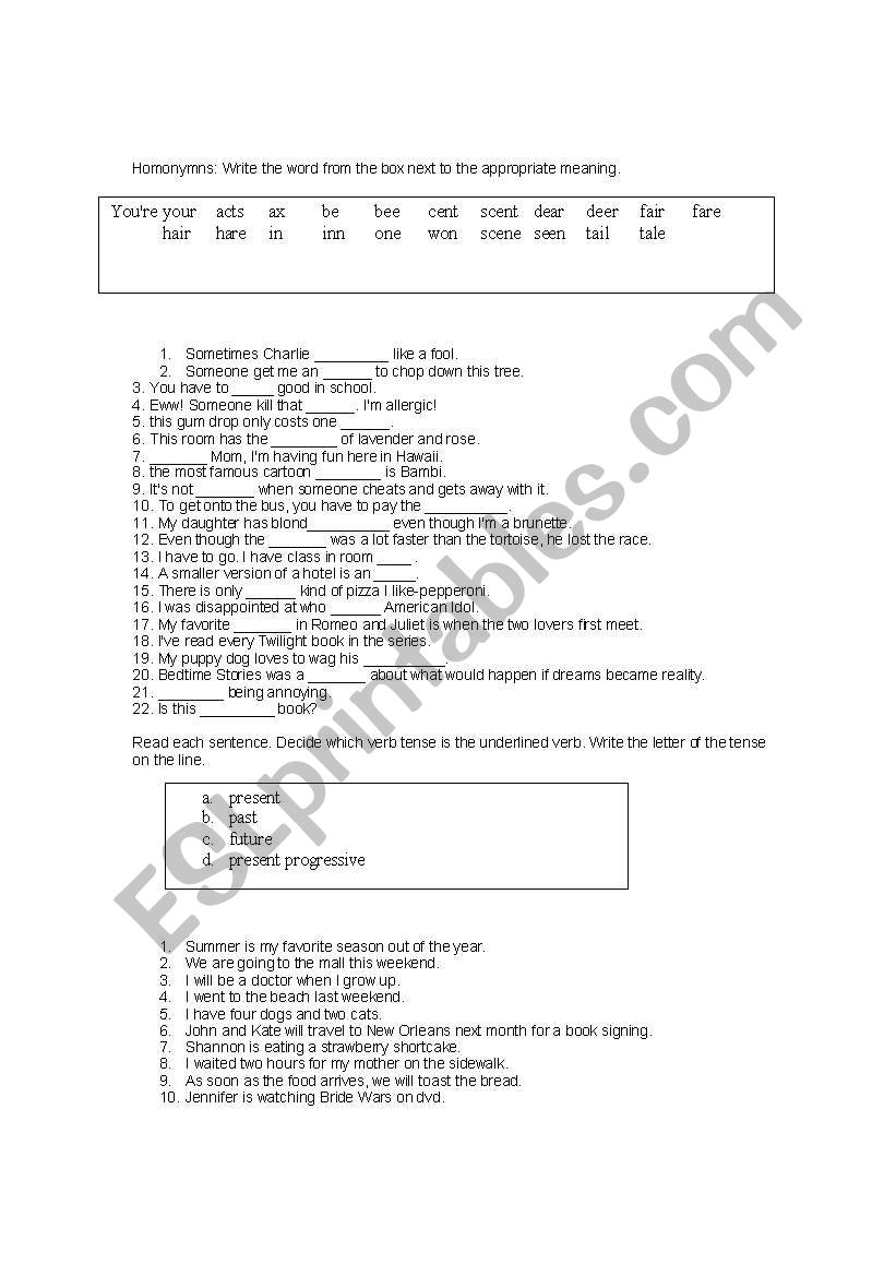 Quiz on Homonymns, Verbs, and Syllable Stress